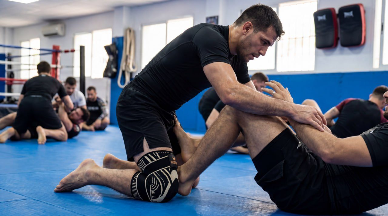 Deportista entrenando jiu-jitsu en el tatami con la rodillera RESURGAM puesta