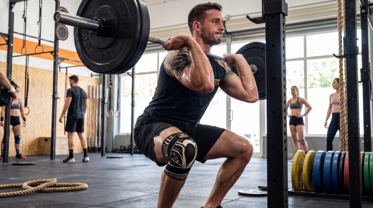 Atleta haciendo sentadilla frontal con barra llevando la rodillera RESURGAM