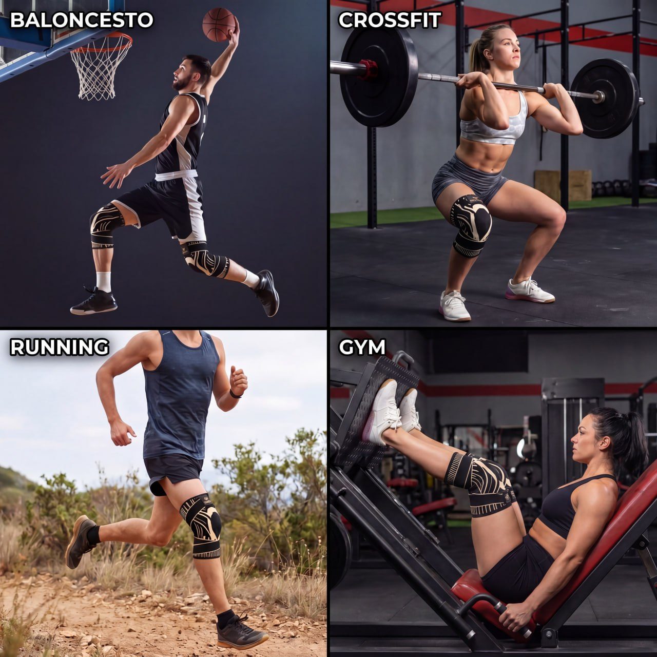 La rodillera RESURGAM en uso en baloncesto, CrossFit, running y gimnasio